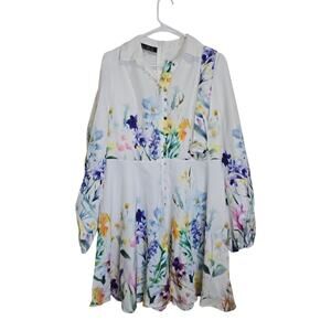 Nwt Dalia Macphee Floral Dress XL White Long Sleeve Fit & Flare Cocktail w/ Belt